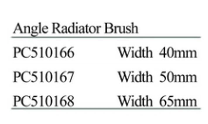 Specification sheet for Angle Radiator Brushes showing catalogue codes, sizes and ratings