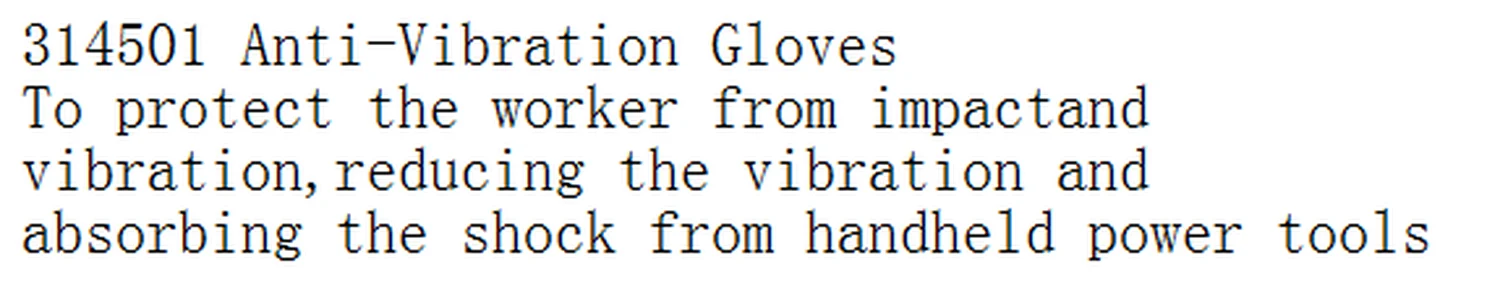 Specification sheet for Anti-Vibration Gloves showing catalogue codes, sizes and ratings