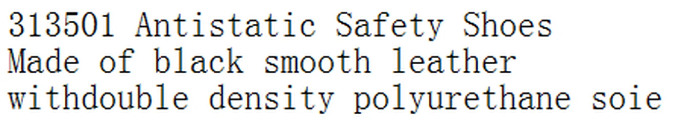 Specification sheet for Antistatic Safety Shoes showing catalogue codes, sizes and ratings