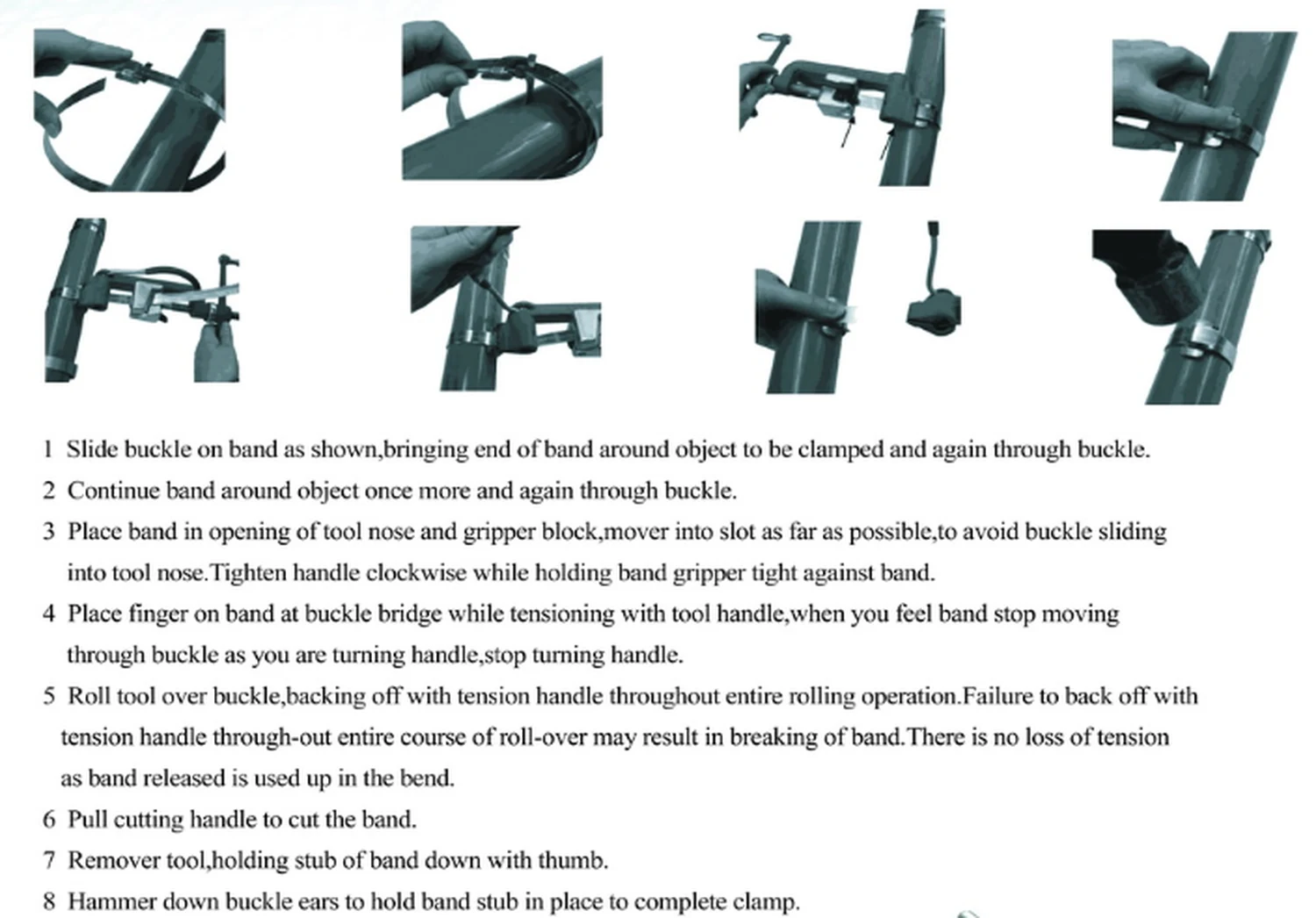 Specification sheet for Banding Clamps&tools showing catalogue codes, sizes and ratings