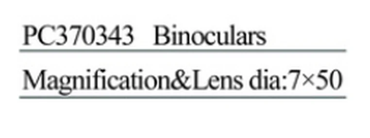 Specification sheet for Binoculars showing catalogue codes, sizes and ratings