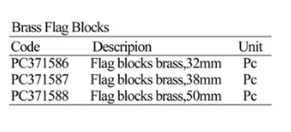 Specification sheet for Brass Flag Blocks showing catalogue codes, sizes and ratings