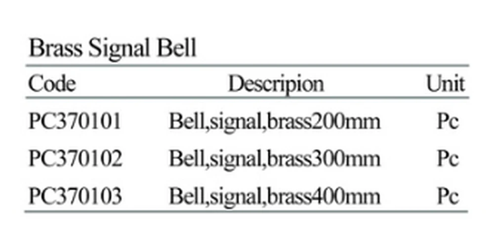 Specification sheet for Brass Signal Bell showing catalogue codes, sizes and ratings