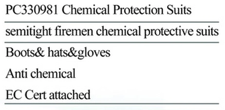 Specification sheet for Chemical Protection Suits showing catalogue codes, sizes and ratings