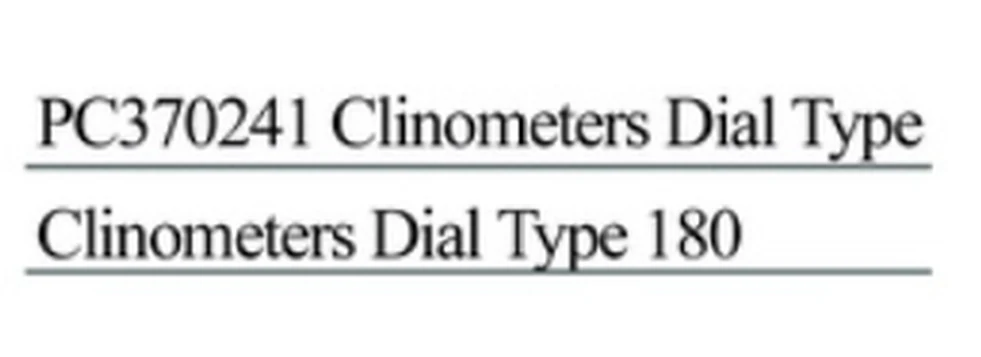 Specification sheet for Clinometers Dial Type showing catalogue codes, sizes and ratings