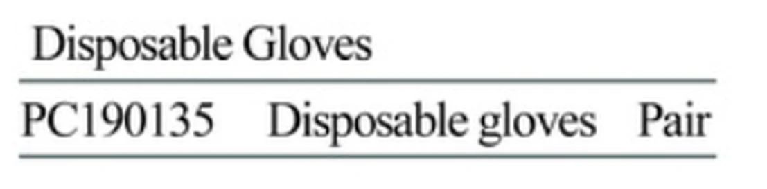 Specification sheet for Disposable Gloves showing catalogue codes, sizes and ratings