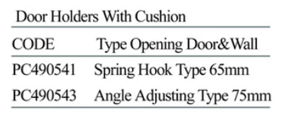 Specification sheet for Door Holders with Cushion showing catalogue codes, sizes and ratings