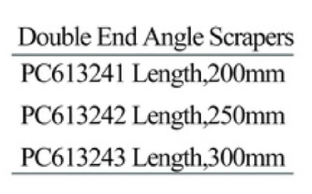 Specification sheet for Double End Angle Scrapers showing catalogue codes, sizes and ratings
