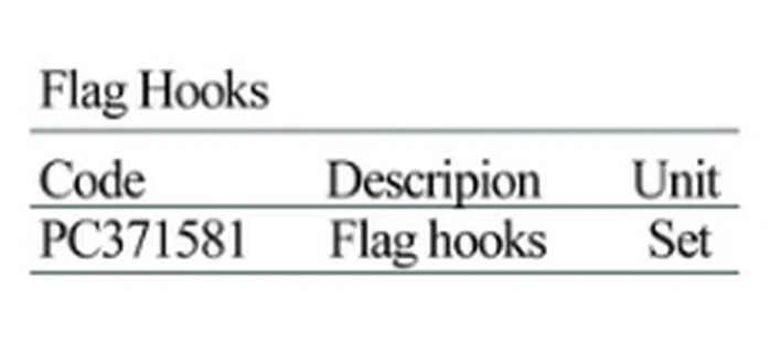 Specification sheet for Flag Hooks showing catalogue codes, sizes and ratings
