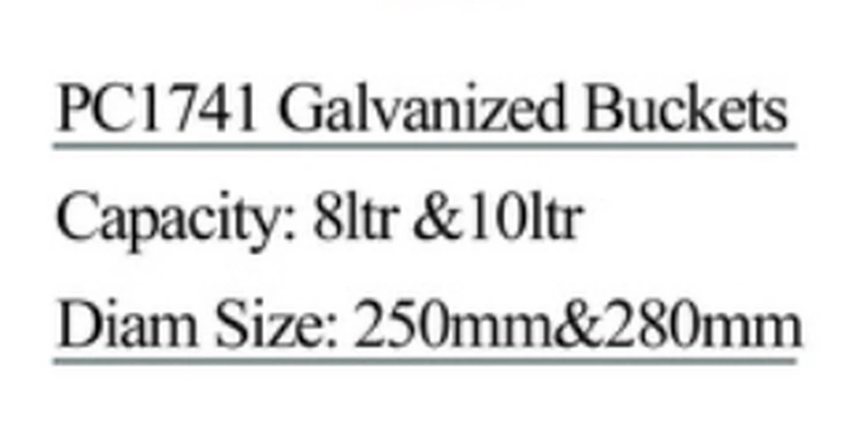 Specification sheet for Galvanized Buckets showing catalogue codes, sizes and ratings