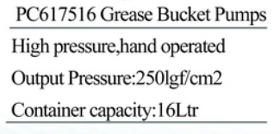 Specification sheet for High Pressure Grease Bucket Pumps Hand Operated showing catalogue codes, sizes and ratings