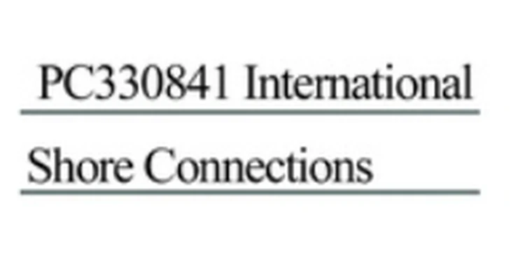 Specification sheet for International Shore Connections showing catalogue codes, sizes and ratings