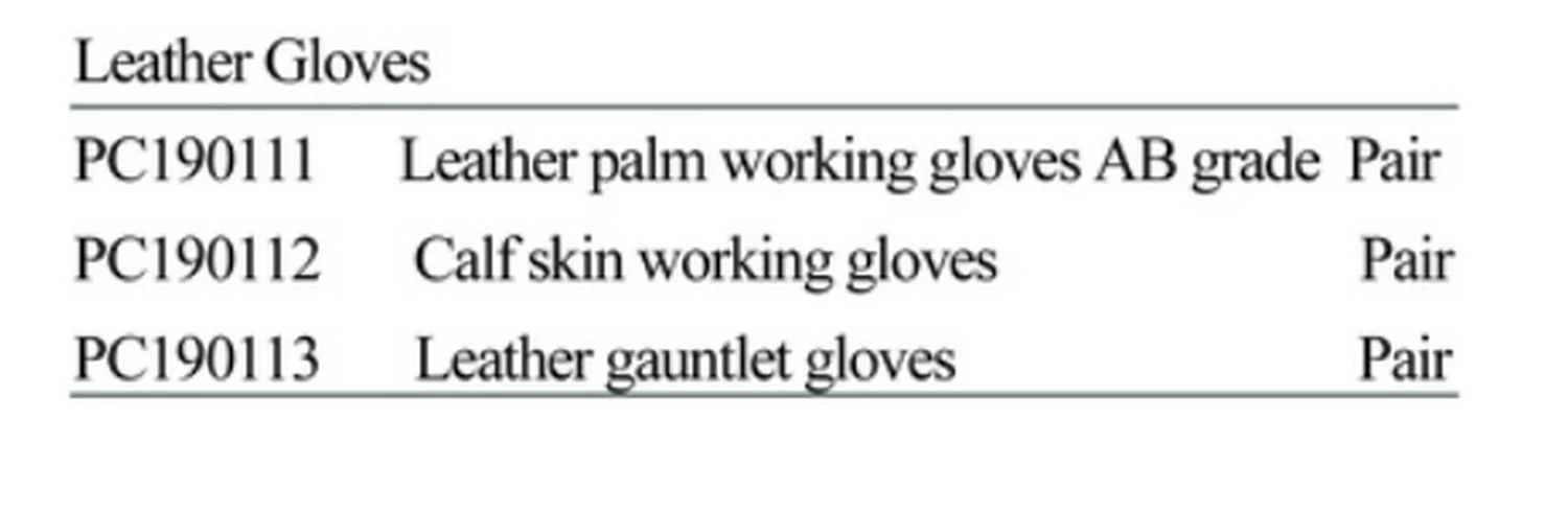Specification sheet for Leather Gloves showing catalogue codes, sizes and ratings