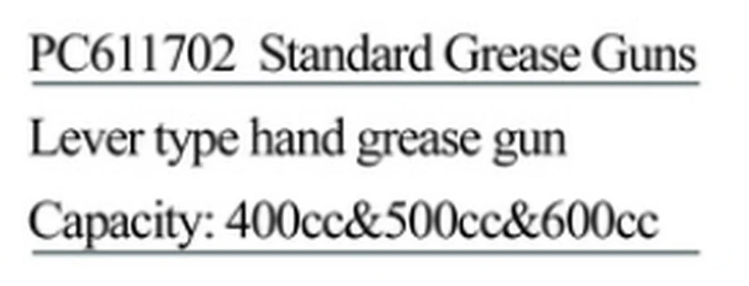 Specification sheet for Lever Type Hand Grease Guns showing catalogue codes, sizes and ratings