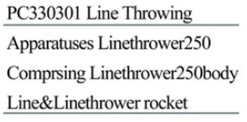 Specification sheet for Line Throwing showing catalogue codes, sizes and ratings