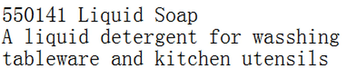 Specification sheet for Liquid Soap showing catalogue codes, sizes and ratings