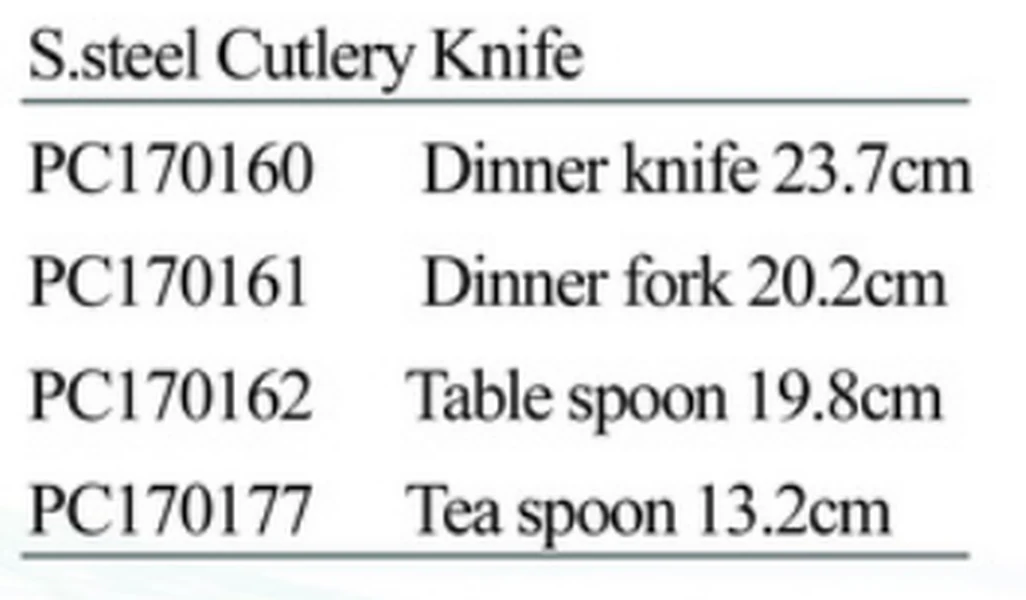 Specification sheet for Marine Knives Forks and Spoons showing catalogue codes, sizes and ratings