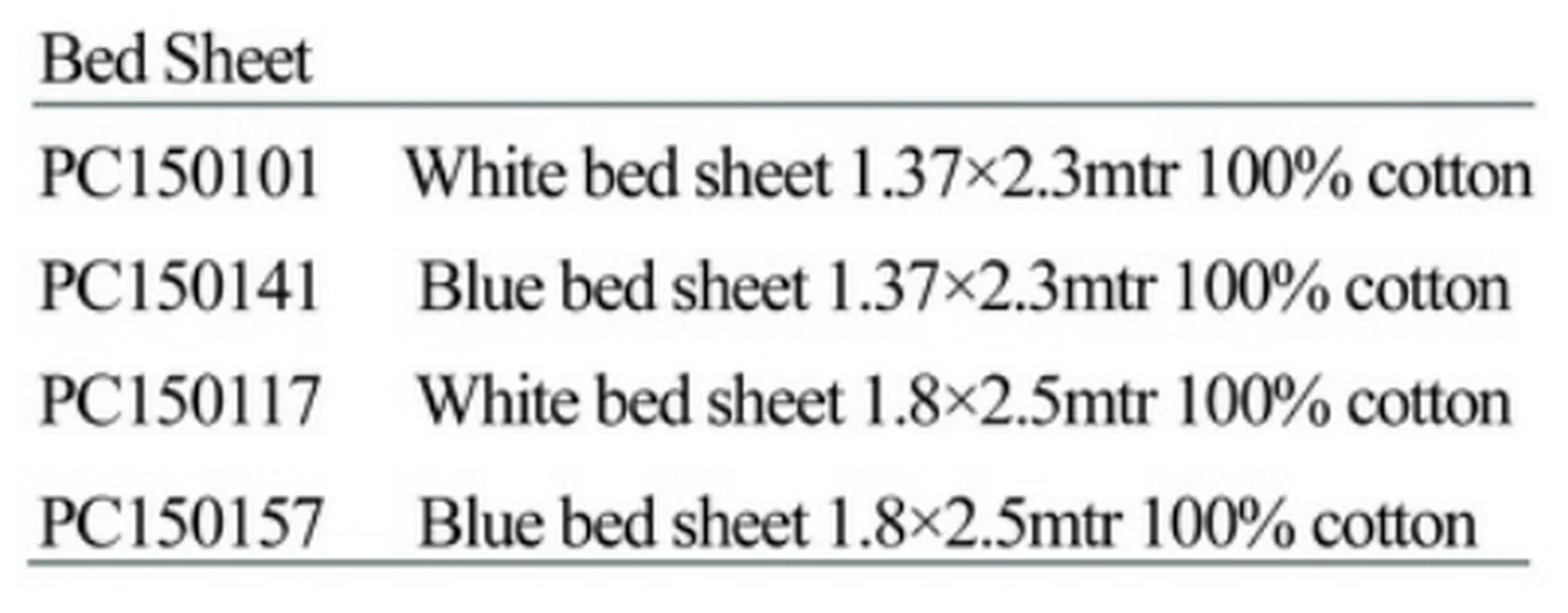 Specification sheet for Marine Type Bed Sheets showing catalogue codes, sizes and ratings