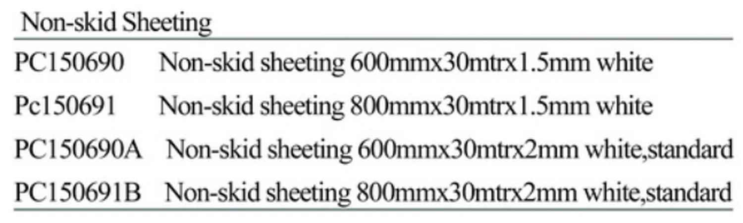 Specification sheet for Marine Type Non-Skid Sheeting showing catalogue codes, sizes and ratings