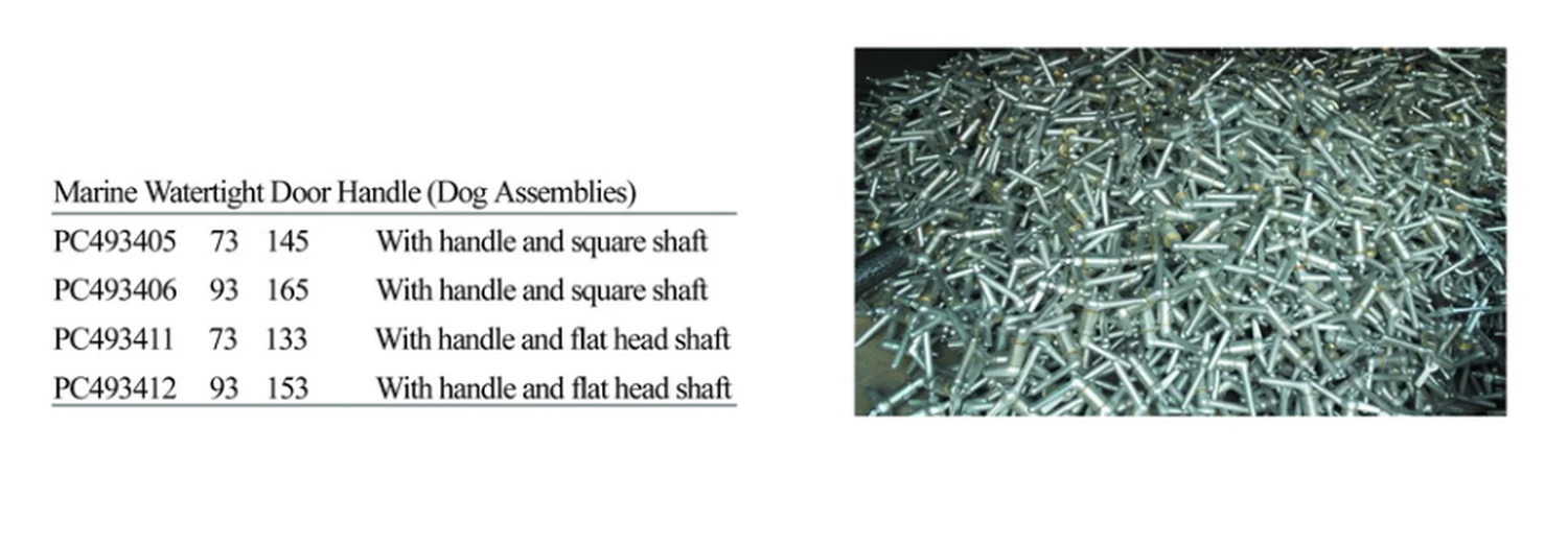 Specification sheet for Marine Watertight Door Handles Dog Assemblies showing catalogue codes, sizes and ratings