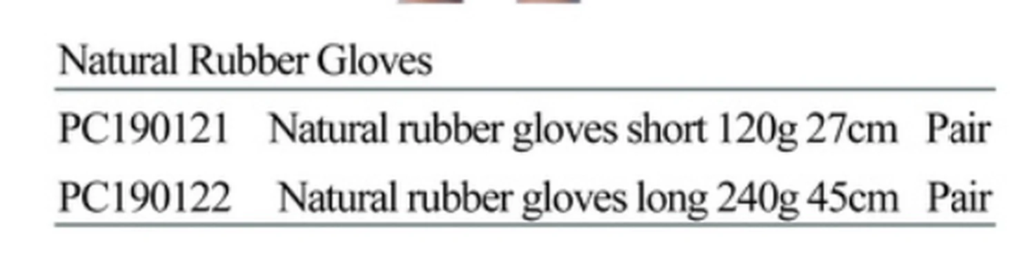 Specification sheet for Natural Rubber Gloves showing catalogue codes, sizes and ratings