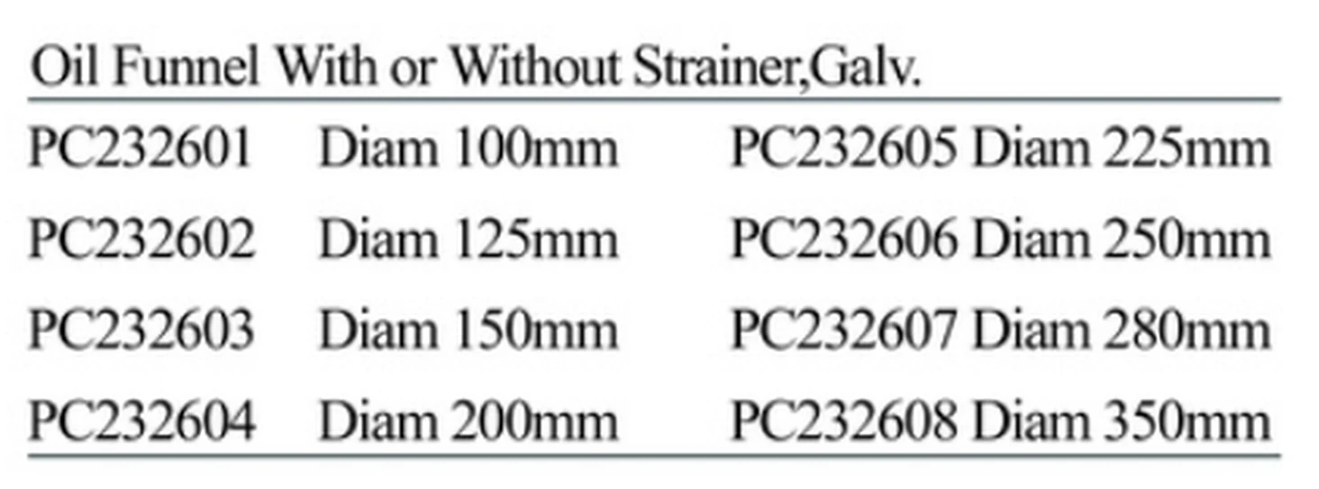 Specification sheet for Oil Funnels with or Without Strainer Galvanised showing catalogue codes, sizes and ratings