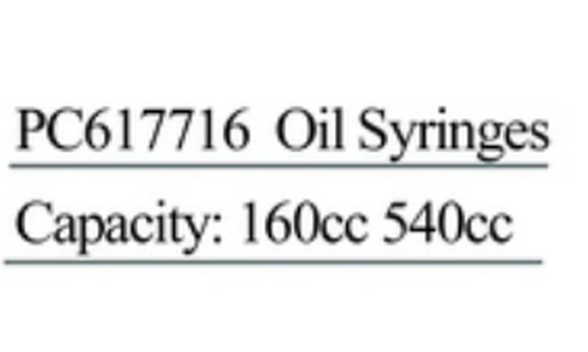Specification sheet for Oil Syringes showing catalogue codes, sizes and ratings