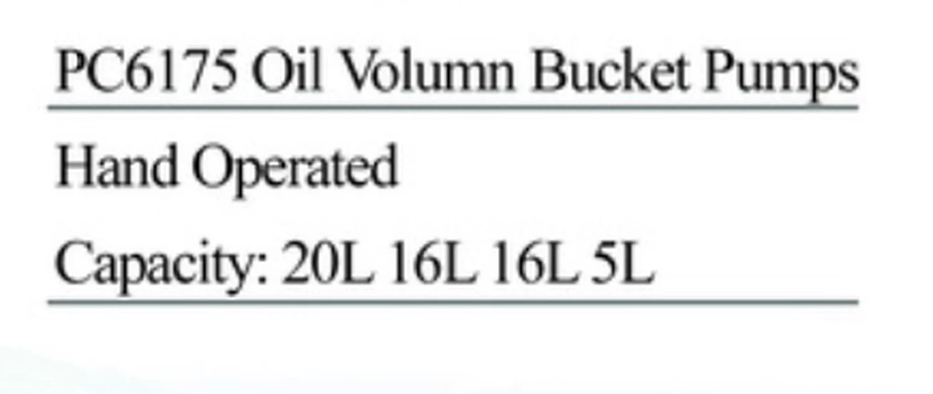 Specification sheet for Oil Volume Bucket Pumps Hand Operated showing catalogue codes, sizes and ratings