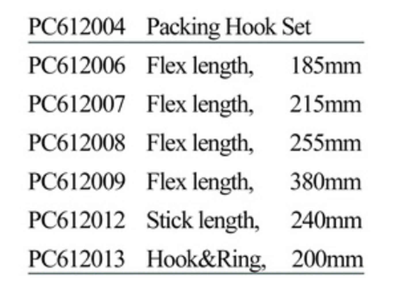 Specification sheet for Packing Hook Set showing catalogue codes, sizes and ratings