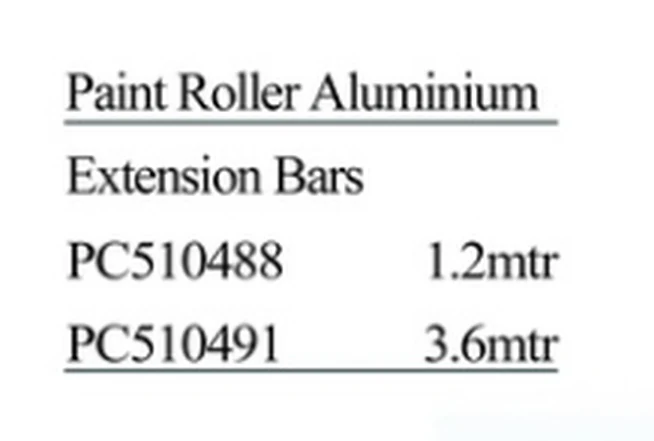 Specification sheet for Paint Rollers Aluminium Extension Bars showing catalogue codes, sizes and ratings