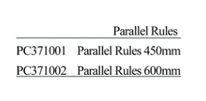 Specification sheet for Parallel Rules showing catalogue codes, sizes and ratings