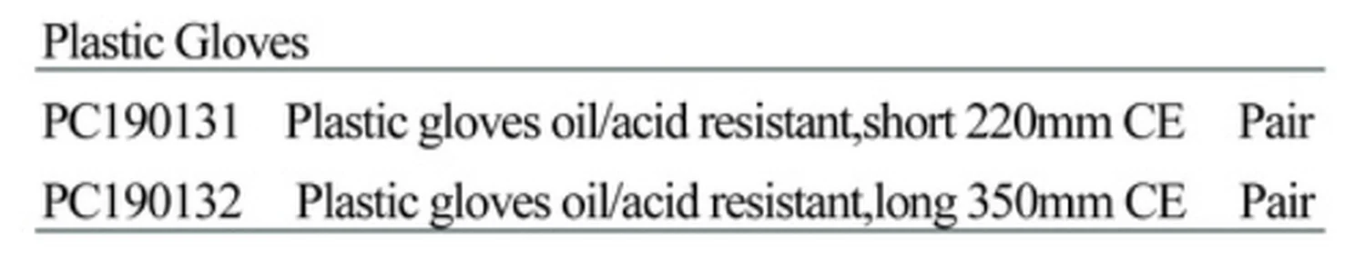 Specification sheet for Plastic Gloves Oil and Acid Resistant showing catalogue codes, sizes and ratings