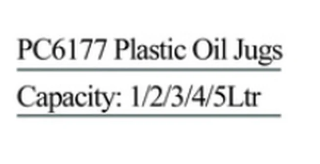 Specification sheet for Plastic Oil Jugs showing catalogue codes, sizes and ratings