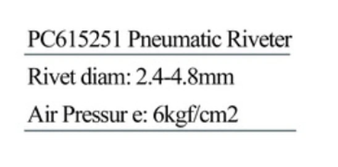 Specification sheet for Pneumatic Riveters showing catalogue codes, sizes and ratings