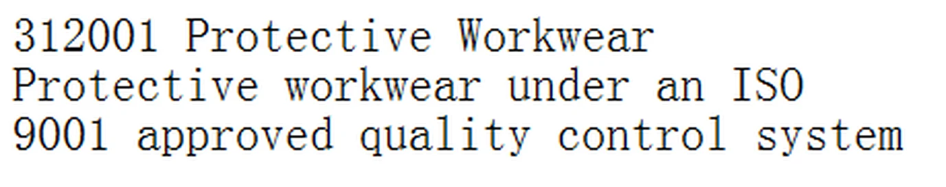 Specification sheet for Protective Workwear showing catalogue codes, sizes and ratings