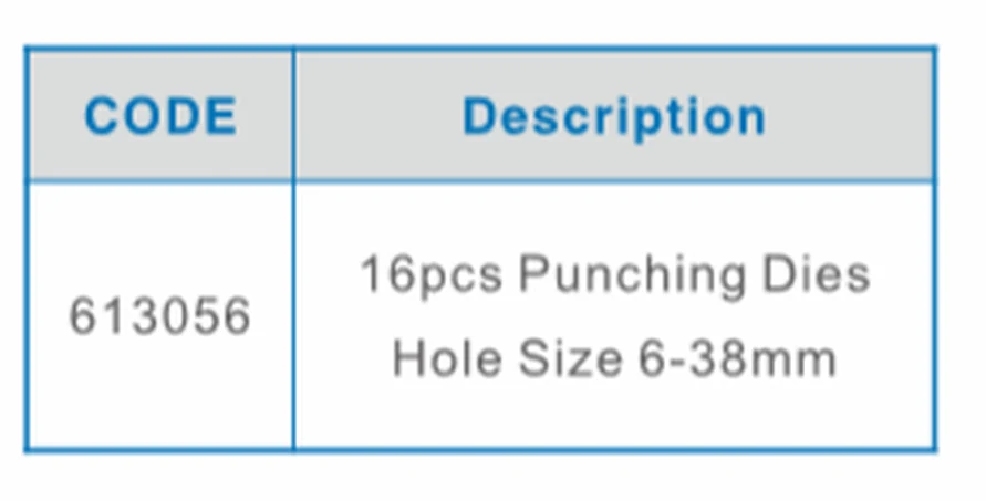 Specification sheet for Punching Tool Set showing catalogue codes, sizes and ratings