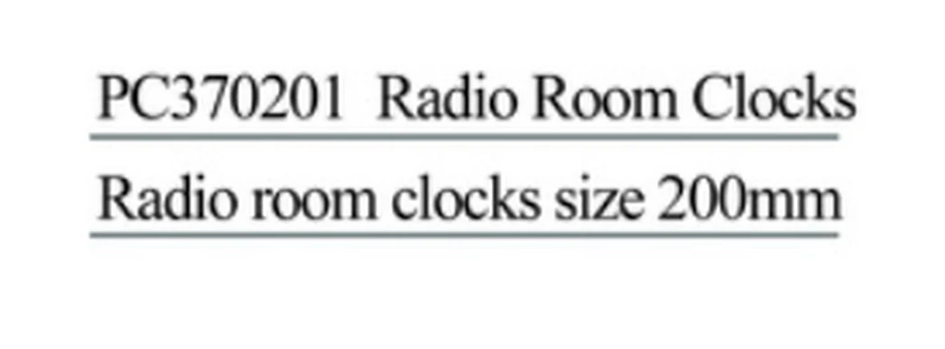 Specification sheet for Radio Room Clocks showing catalogue codes, sizes and ratings