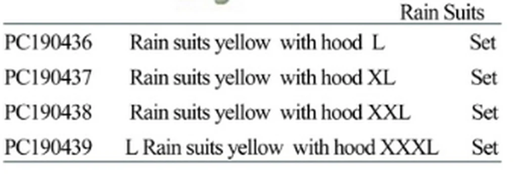 Specification sheet for Rain Suits Yellow with Hood showing catalogue codes, sizes and ratings