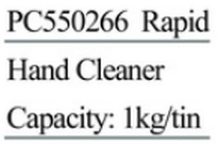 Specification sheet for Rapid Hand Cleaner showing catalogue codes, sizes and ratings