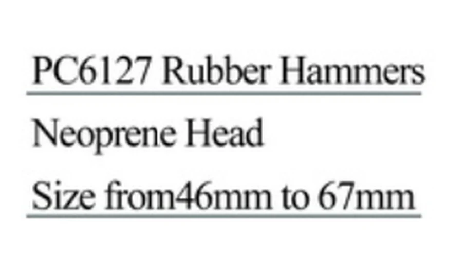 Specification sheet for Rubber Hammers Neoprene Head showing catalogue codes, sizes and ratings