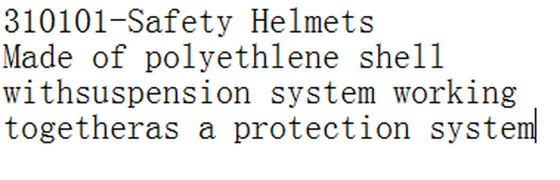 Specification sheet for Safety Helmets showing catalogue codes, sizes and ratings