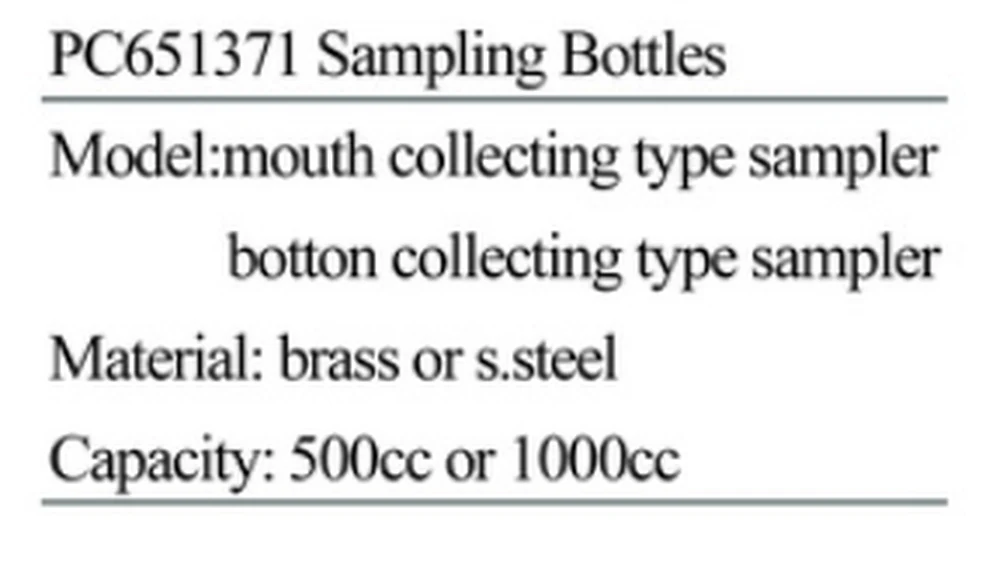 Specification sheet for Sampling Bottles showing catalogue codes, sizes and ratings