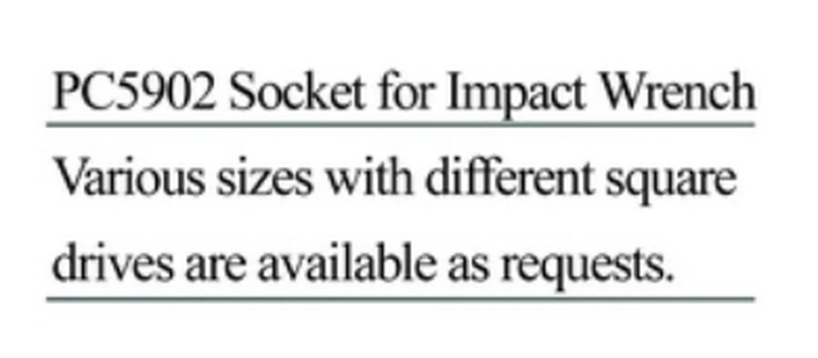 Specification sheet for Socket for Impact Wrench showing catalogue codes, sizes and ratings