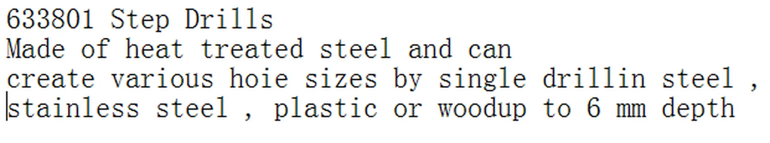 Specification sheet for Step Drills showing catalogue codes, sizes and ratings