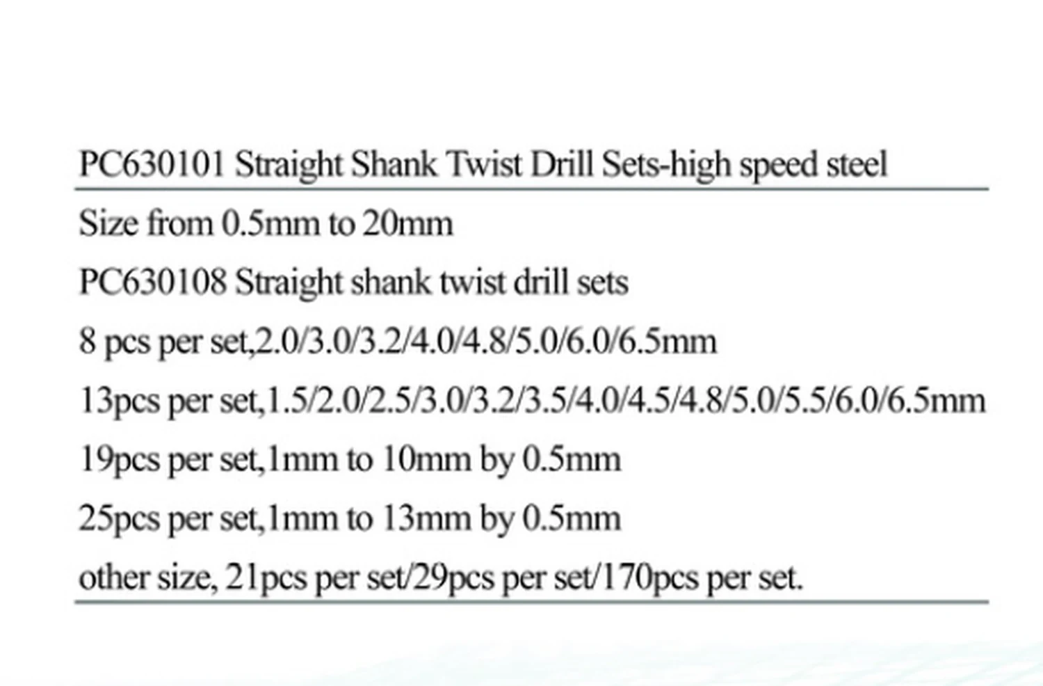 Specification sheet for Straight Shank Twist Drill Sets High Speed Steel showing catalogue codes, sizes and ratings