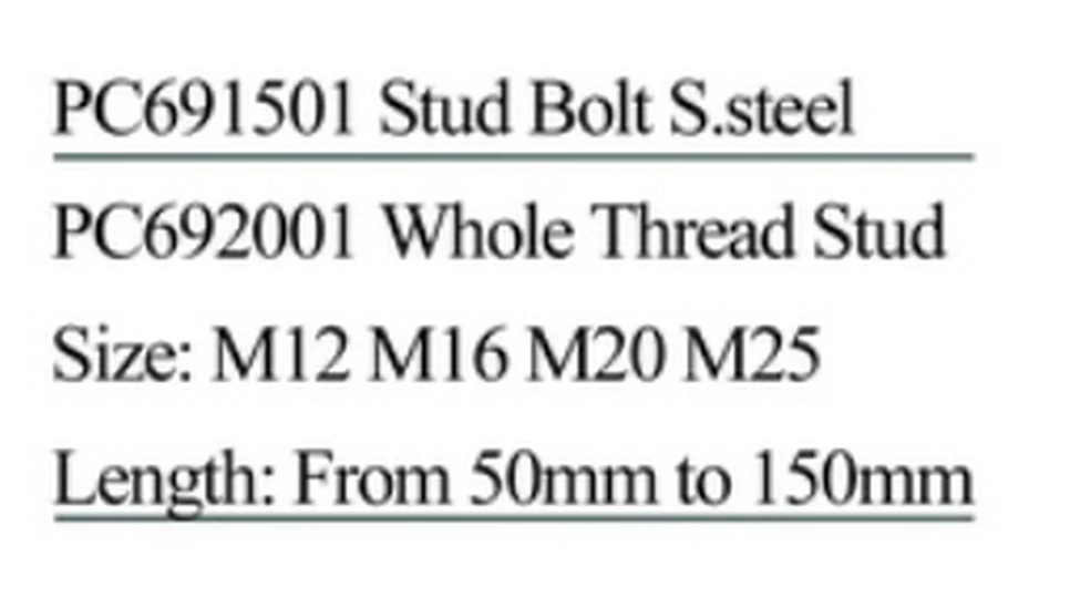Specification sheet for Stud Bolts Steel showing catalogue codes, sizes and ratings