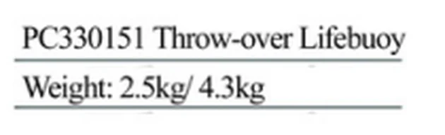 Specification sheet for Throw-over Lifebuoy showing catalogue codes, sizes and ratings
