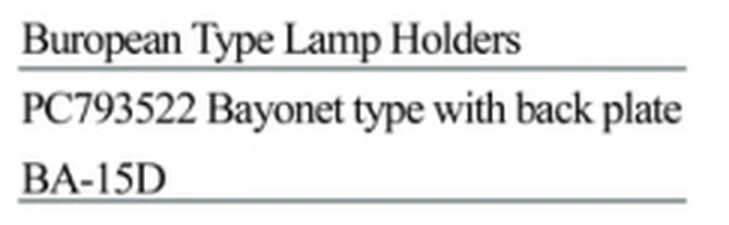 Specification sheet for European Type Lamp Holders showing catalogue codes, sizes and ratings