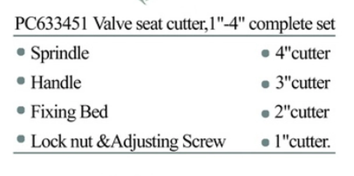 Specification sheet for Valve Seat Cutter showing catalogue codes, sizes and ratings