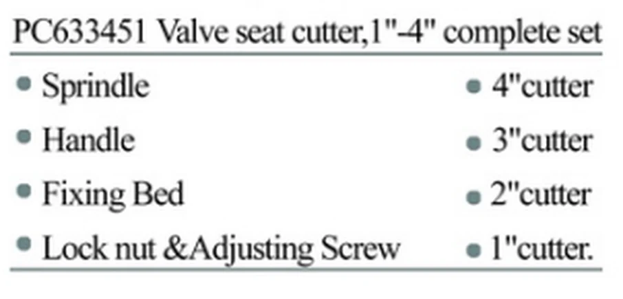 Specification sheet for Valve Seat Cutters showing catalogue codes, sizes and ratings